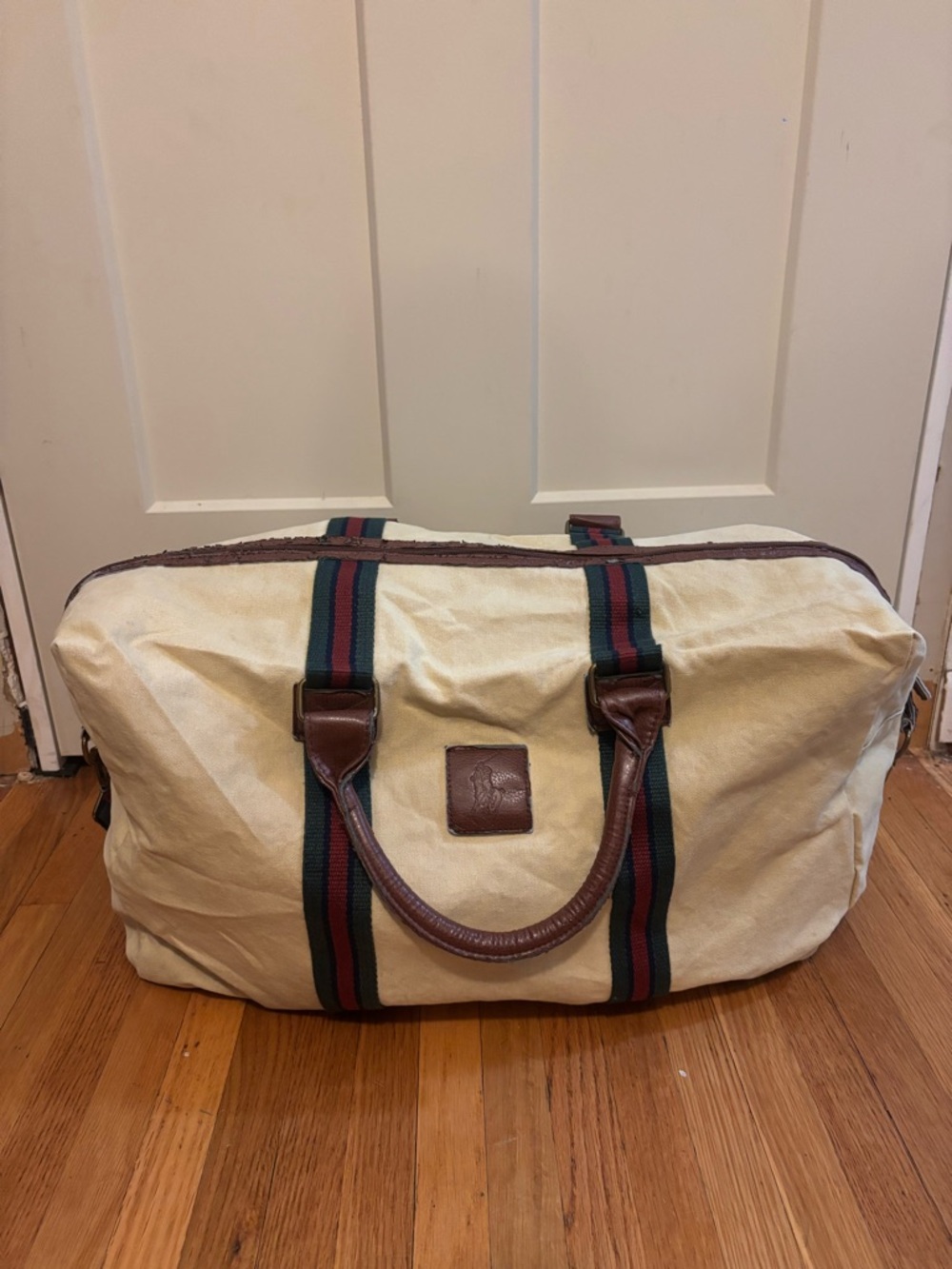 Vintage Ralph Lauren Polo Duffle Bag w/ Brown Patch, Handles & Adjustable Strap